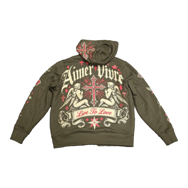 Aimer Vivre Divine Devotion Hoodie back — praying angels, cross and Live To Love banner