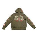 Aimer Vivre Divine Devotion Hoodie front — olive full-zip with cherubs, cross and Love to Live print
