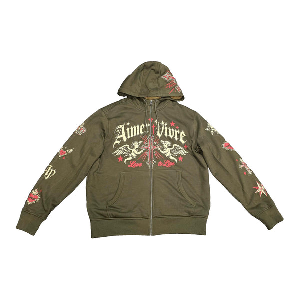 Aimer Vivre Divine Devotion Hoodie front — olive full-zip with cherubs, cross and Love to Live print