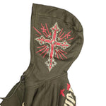 Aimer Vivre Divine Devotion Hoodie hood detail — radiant red and cream cross print
